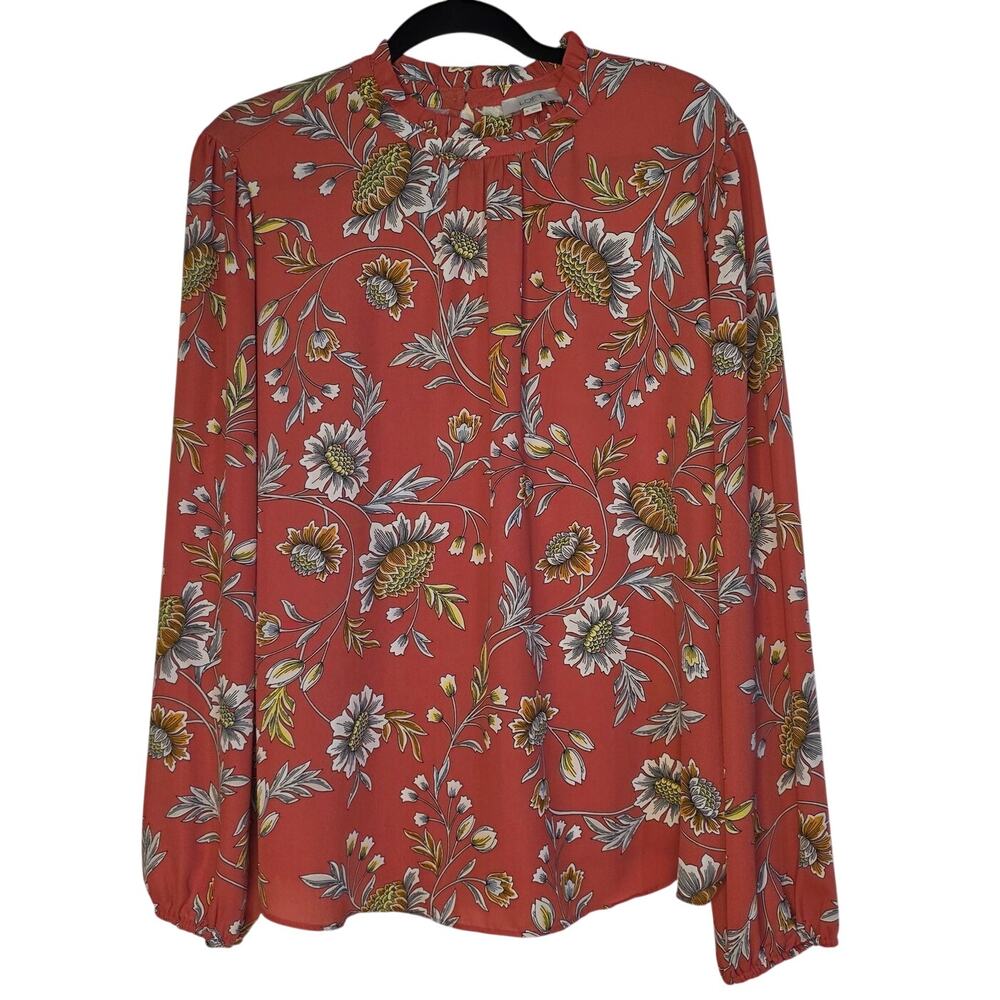 LOFT High Neck Ruffle floral blouse Red White flower blouse shirt size XL
